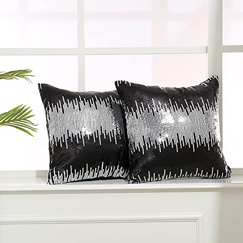Eternal Beauty 2 Pcs Black & Silver Sequin Throw Pillow Covers 18x18