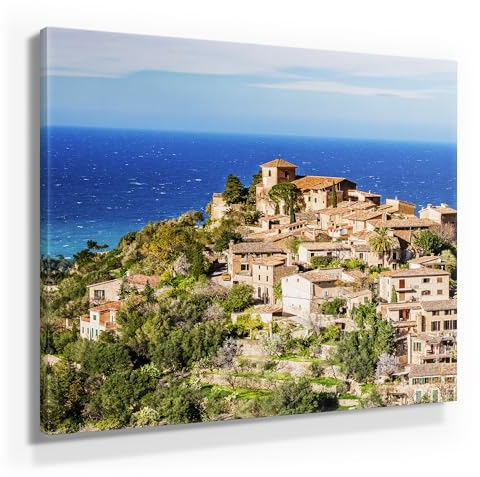 Wunderschönes Mallorca Bild 50x50cm klein, Fotomotiv, Deia – Tolles Leinwand Wandbild als Hintergrund und Deko für Wohnzimmer & Schlafzimmer. Aufgespannt auf 2cm Holzrahmen