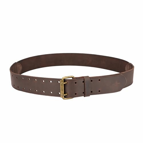 TOURBN Genuine Leather Tool Belt for Men – 2 Heavy Duty Workshop Carpenter Work Belt, Antique Brass Double Prong Roller Buckle, Adjustable 33-48 Waist (Cuttable), Brown Black