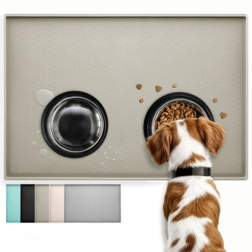 Conlun Hunde und Katzen Futtermatte 48x30 cm, rutschfeste Silikonmatte | Wasserdichte Haustier Futtermatte mit Erhöhtem Rand, Verhindert Auslaufen und Spülmaschinenfest, Taupe