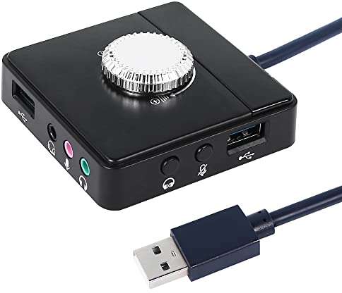 CERRXIAN USB-Lautstärkeregler, USB-Hub mit Audio-Adapter, Ein-Knopf-Stummschaltung, Multimedia-Knopf, mit 3,5-mm-Kopfhörer-Mikrofonbuchse+Dual-USB-2.0-Anschlüsse+Typ-C-Versorgungsanschluss