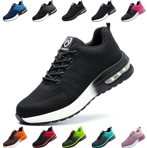 Nasogetch Sicherheitsschuhe Damen Herren Stahlkappenschuhe Arbeitsschuhe Sportlich Atmungsaktiv Schwarz Weiß EU 39
