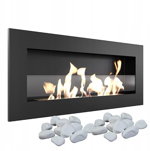 KRATKI Delta Slim Bio-Ethanol-Kamin + Kieselsteine 2 kg | Wandmontage oder Eckeinbau, mit Verglasung l Biocontainer 0,4 l, TÜV geprüft | Stahl, 40 x 90 cm, Schwarz