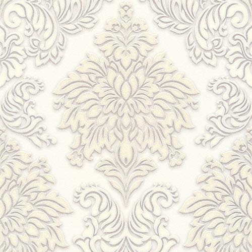 Papier peint chic beige crème motif baroque | Tapisserie élégante damassée blanche & beige | Papier peint avec ornements pailletté