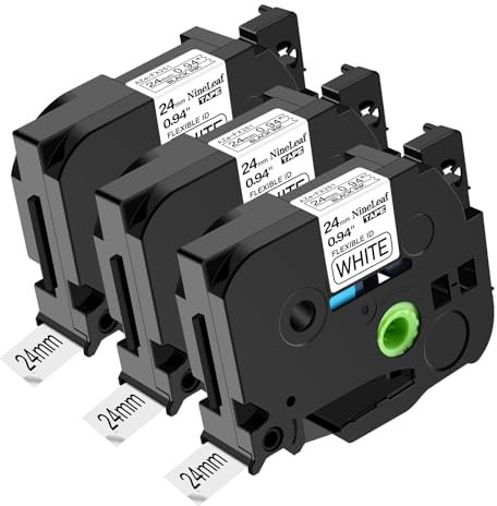 NineLeaf 3 x Kompatibel für Brother P-touch TZe-FX251 TZeFX251 TZ-FX251 Schriftband 24mm 1'' Schwarz auf weiß Flexibles Kabeletikett Etikettenband für Ptouch PT-2300 2310 2400 2410 Beschriftungsgerät