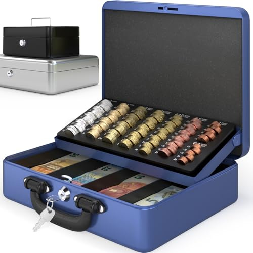 ACROPAQ Geldkassette abschließbar - (30 x 24,5 x 9 cm), Kasse mit Münzzählbrett, Premium Gehäuse, Mit 2 enthaltenen Schlüsseln, Blau - Geld Kassette zum Abschließen, Geldkasse, Kassa Box