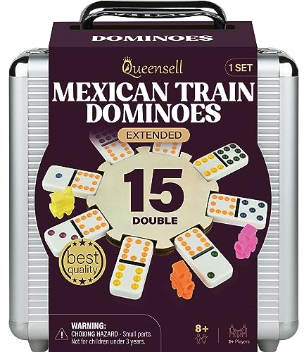 Mexican Train Domino-Set Doppel 15 – Domino-Set für Erwachsene und Familie, Mexican Train Doppel 15 Domino-Steine mit farbigen Punkten – 136 Steine, 9 Züge, Holz-Mittelstück, Aluminium-Case