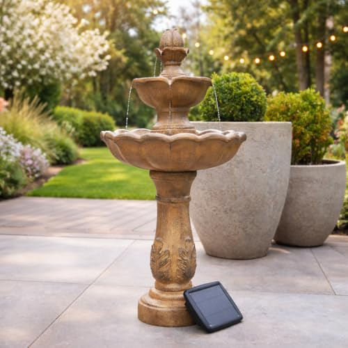 Festive Lights - 98cm Solar & Battery Kingsbury Hybrid Water Feature – Outdoor Traditional Garden Fountain, 3 Tier Cascading Design, Bronze Stone Effect, Weather Resistant Resin, No Mains Required