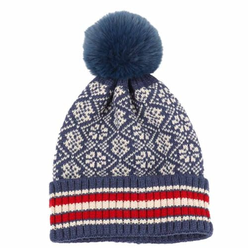 SHTGOI Bommelmütze Wolle Strickmütze Ethnisch Bedruckte Wintermütze mit Streifenklappe Unisex-Wollmützen mit Kunstpelz Bommel Warm Pudelmütze Beanie Mütze für Männer Frauen M(56-58cm) Marineblau