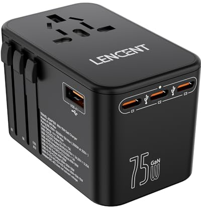 LENCENT 75W Snabb Laddning Universal Reseadapter över Hela Världen, GaN III Internationell Travel Adapter med 3 PD3.0 Typ C+2 QC USB A, Socket Adapter Worldwide för DE USA UK AUS, Typ C/G/A/I, Svart
