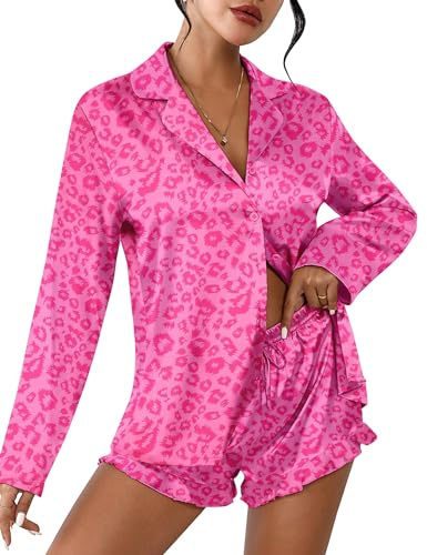 Ekouaer Womens Satin Pajama Sets Long Sleeve Top and Shorts Lounge Set Button Down Sleepwear Leopard Hot Pink L