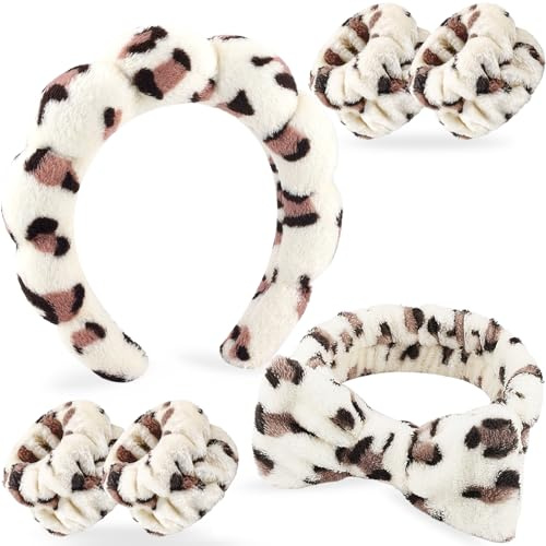 Zkptops 6Pcs Spa Headband for Washing Face Wristbands Set Women Bubble Makeup Sponge Plush Padded Puffy Skincare Headband Bow Tie Hairband Cute Non Slip Thick Hair Accessory Gifts(Beige Leopard)