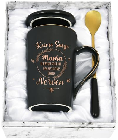 Joymaking Kaffeetasse Geschenk für Mama - Muttertagsgeschenk, Geburtstagsgeschenk, Weihnachten - Tasse Mit Spruch 'Keine Sorge Mama Ich Werde Dich für Den Rest Deines Lebens Nerven', Schwarz 400ml