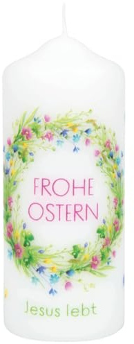 Kerze mit Blütenkranz und rundum kleinen Blüten in frühlingsfrischen Farben und Text Frohe Ostern - Jesus lebt