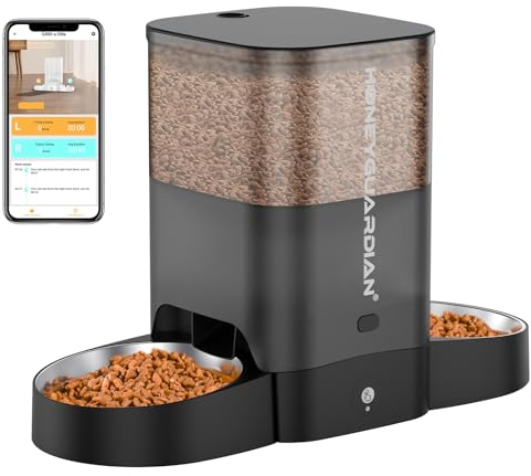 HoneyGuaridan 3.5L Distributore Automatico Cibo Gatti Doppio Ciotole con Sensore Movimento, 2.4G WiFi Dispenser Crocchette Gatto e Cani, 6 Pasti al Giorno, Controllo remoto tramite APP