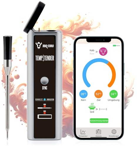 BBQ-Toro TempTender Grillthermometer kabellos mit App | Bluetooth Fleischthermometer digital IP67 bis 300°C | Bratenthermometer, Grill Meat Thermometer Wireless, Fleischtermostat Digital Kabellos