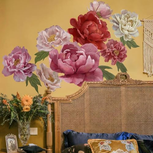 Runtoo Wandtattoo Blumen Groß Rosa Wandsticker Pfingstrosen Rosen XXL Wandaufkleber Wohnzimmer Schlafzimmer Kinderzimmer Babyzimmer Mädchen Wanddeko