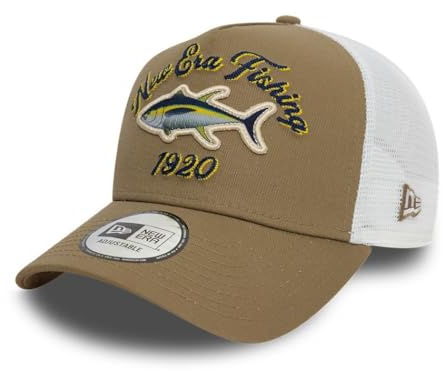 New Era Cappello da Camionista Berretto Pesca Pesce Pescatore tonno Snapback Visiera Curva Maglia Marrone Bianco