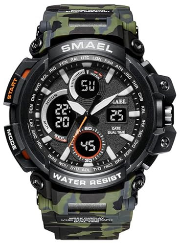 SMAALEB Orologio Uomo Militare Tattico Camouflage 50m Impermeabile, Display Pointer + Digitale, Sveglia e Cronometro, Data e Giorno, LED Notturna,Verde