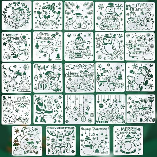 ADERTOS 24 Stück Weihnachten Schablonen Weihnachtsschablone Plastik Malschablonen 15 * 15cm Zeichenschablonen Schablonen Weihnachtsbaum Weihnachts Stencil Schneemann Vorlage für Fenster Scrapbooking