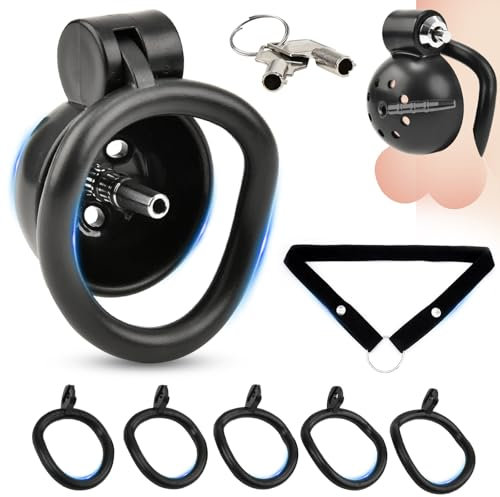 Push-Lock Peniskäfig Chastity Cage mit 5 Hodenringe und Metall Dilator,Keuschheitskäfig Herren,Chastity Cage Male,Flat Chastity Cage,Sex Spielzeug für die Männer