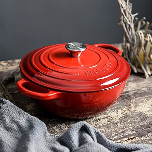CRBUDY Non-Stick Shallow Cast Iron Casserole Pan – Cast Iron Pot with Lid – Enameled Cast Iron Shallow Oven Casserole Dish with Lid – Oven Safe Casserole Pot Red 26cm