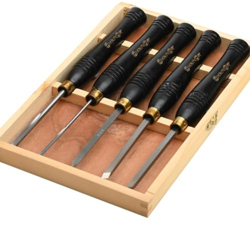 OMNIVOR - Coffret De 5 Outils De Tournage Sur Bois HSS - Gouges, Bédane, Racloir Et Grain D'Orge - Acier Durable, Manche Ergonomique, Coffret Bois FSC
