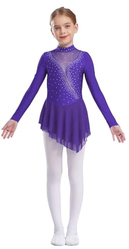 inlzdz Vestido Patinaje Artistico Niña Maillot De Ballet Danza Manga Larga Vestido con Lentejuelas Disfraz De Bailarina Competición Morado 7-8 años