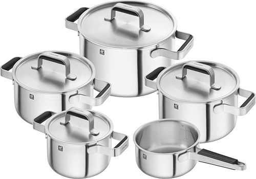 ZWILLING PURE Kochtopfset, 5-tlg, 18/10 Edelstahl, Stay-Cool-Griffe, Spülmaschinengeeignet, Integrierte Füllskala, Silber