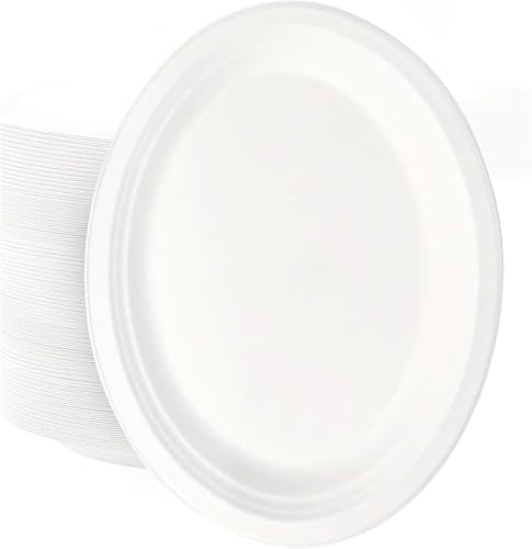 ECONX Strong Disposable Oval Plates Super Rigid Biodegradable Dinner Plates 10x8 Compostable Large Disposable Party Plates for Hot and Cold Food for Birthday Party Christmas Party BBQ (100)