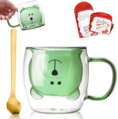 Afitdon Niedliche Bärchen Tasse Doppelwandige, 280 ml Süße Bärchen Tassen mit Segenskarte, Löffel & Becherdeckel, Doppelwandiges Gläschen für Cappuccino, Latte Macchiato, Tee, EIS und Milch