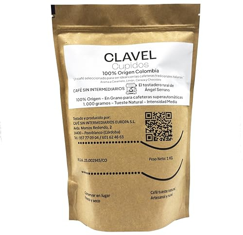 CAFE SIN INTERMEDIARIOS - Clavel - Café de Colombie En grains para machine automática 1Kg - Torréfaction hebdomadaire - Emballé et moulu à l'expédition - Intensité de saveur faible