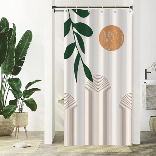 Ttincceer Boho Rideau de Douche Mid-Century Feuilles de Palmier Vintage Étroit Salle de Bain Décoratif avec Crochets Demi-Taille Cabine Imperméable Lavable Baignoire Décor 90x183cm
