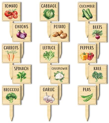 arricraft 15 etiquetas de plantas vegetales de acuarela, marcadores de madera, etiquetas tipo T, etiquetas de jardín con patrón impreso para semillas de verduras en maceta