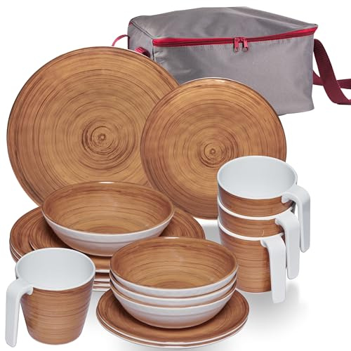 Melamin Geschirr Set Braun 4 Personen 17 Teile Tassen Tasche Camping Party