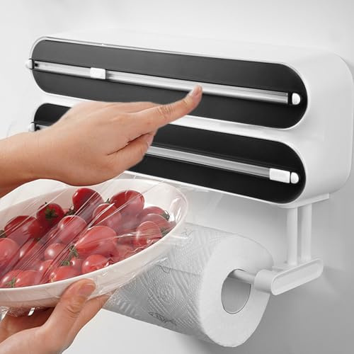 BORDEAG 3 in 1 Frischhaltefolienspender: Magnetischer Wandrollenhalter Küche, ABS Folienschneider, Multifunktionaler Spender Und Abroller Für Küche (D4 Schwarz/50 M)