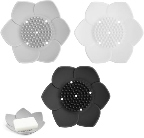 ANNASAMDO 3 Stück Lotus Seifenschale Silikon Ablauf rutschfest 12,5cm | 5 Abflusslöcher halten Seife trocken. Lebensmittelecht geruchsneutral. 3 Farben Set Weiß Grau Schwarz. Für Bad Dusche Küche.