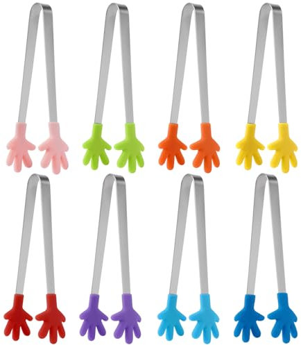 8 Stück Multifunktionale Mini Lebensmittel Zange, Mini Mehrfarbig Edelstahl Lebensmittelzange, Hand Form Zuckerzangen, Mini Eiswürfel Zangen, für Zucker, Eiswürfel, Salat