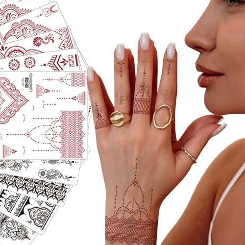 14pcs Temporary Tattoos,Black & Brown Temporary Tattoo Hand Stencils Kit,India Lotus Mandala Flower Fake Tattoos,Realistic And Easy To Use Lacetattoo Stencils,Waterproof Removable Tattoo Stickers