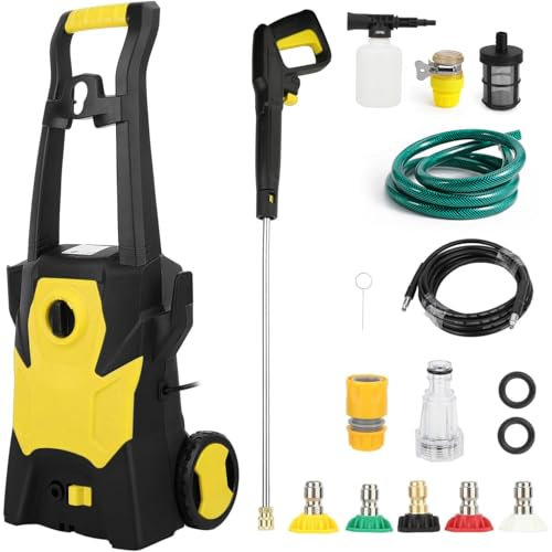 Hochdruckreiniger 120Bar, 1600W Hochdruckreiniger Elektro mit 5 Hochdruckdüsen,Fördermenge 360 l/h, Hochdruckpistole für Terrassen,Autos,Höfe,Zäune (Yellow)