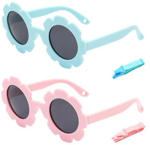 Guegine Baby Sunglasses 2 PCS Infant Sunglasses, Comes with Adjustable Straps, Lovely Flowers Uv400 Protection, Suitable for Newborn Girls and Boys (Light Blue + Light Purple Pink)