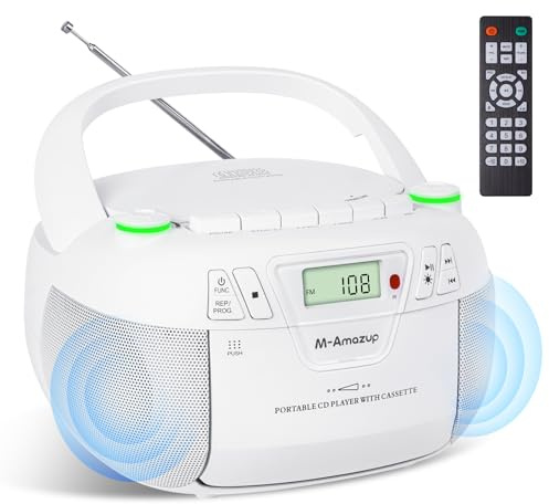 M-Amazup Boombox CD Player, Portable Cassette Player with CD MP3 Bluetooth AUX TF/USB AM/FM Radio AC/DC Power Supply with Remote Control Headphone Jack Stereo Sound for Home Kids