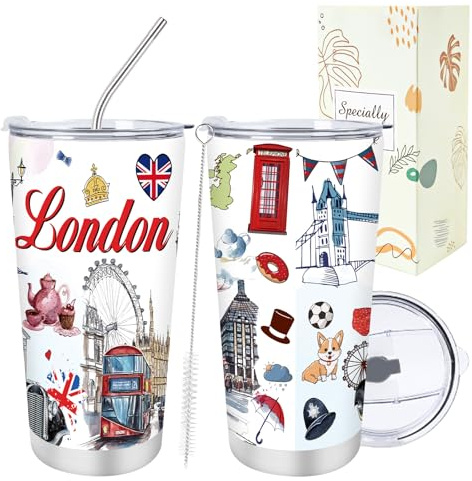 Luvart London Travel Souvenirs Gifts - 20Oz British Vacation Trip Tumbler with Lids Straw Brush Insulated, UK London City Travel Essentials Birthday Christmas Valentine‘s Day Presents for Friends
