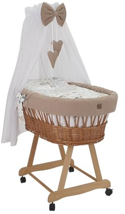 Wiklinopol Stubenwagen aus Weide mit Baldachin und Gestell Lena – Moseskorb in Natur, Komplettset mit 5-TLG. Waffel-Bettwäsche Kaninchen Beige – Mit Rollen, Tragbar, Sicher