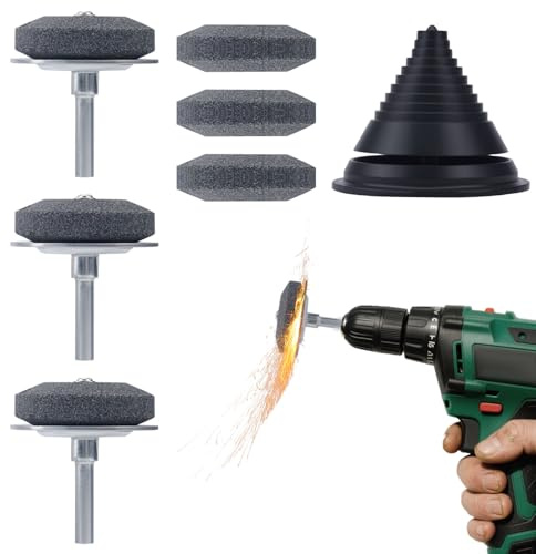 BOXOB 3pcs Lawn Mower Blade Sharpener Kit, Universal Metal Base Lawnmower Blade Sharpener with Sharpening Stone Replacement & Balancer Garden Tool for Power/Hand Drills