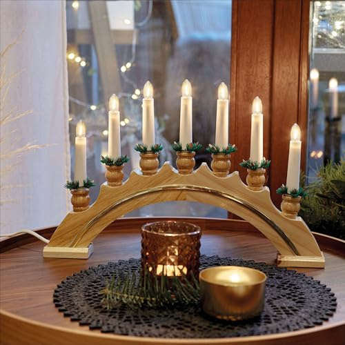 hellum Piramide natalizia per interni con striscia dorata, illuminazione per finestre, colore naturale, alimentata a corrente elettrica con interruttore on/off, 10 candele, 43 x 27 cm, per interni