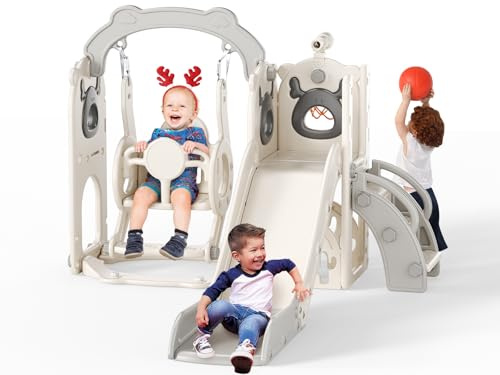 6 in 1 Toddler Slide with Swing, Baby Slide with Golf Set Basketball Hoop Climber, Max Load 50kg, Promotes Fitness Balance & Coordination, For Ages 18m-5y Indoor/Outdoor