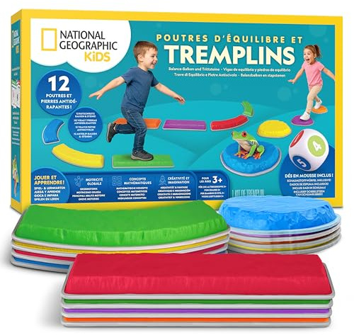 National Geographic Kids Stepping Stones & Balance Beams – 12 Piece Obstacle Course for Kids Ages 3+ with Foam Dice, Play & Learn Cards, Non-Slip Rubber Base, Toddler Indoor & Outdoor Active Play Set