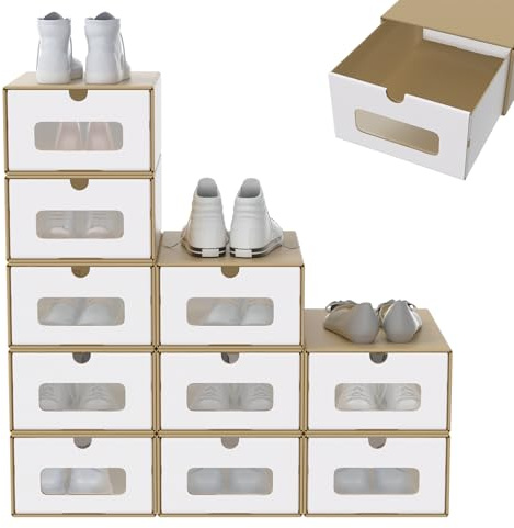 SAILUN Stackable Shoe Storage Boxes, 10 pcs Foldable Kraft Cardboard Shoe Boxes with Lid & Clear Window, Space Saving Shoe Organiser for Trainers, Boots & Heels (Brown)