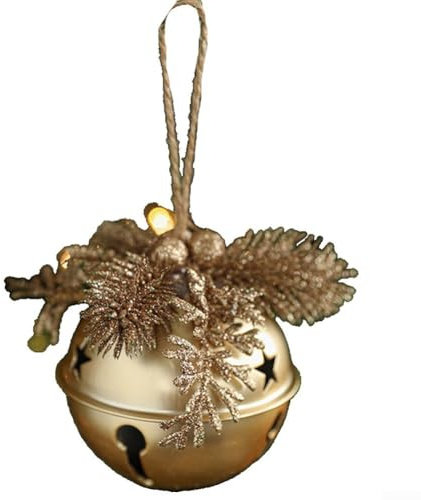 Colgante colgante de cascabel de metal con cuerda de cáñamo para decoración de árbol de Navidad y más (dorado)